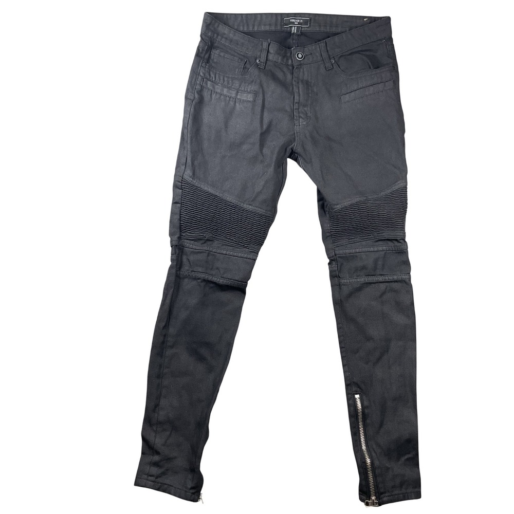 Forever 21 Moto Jeans Mens 34 Black Ribbed Knee Zipper Ankle Biker Pants